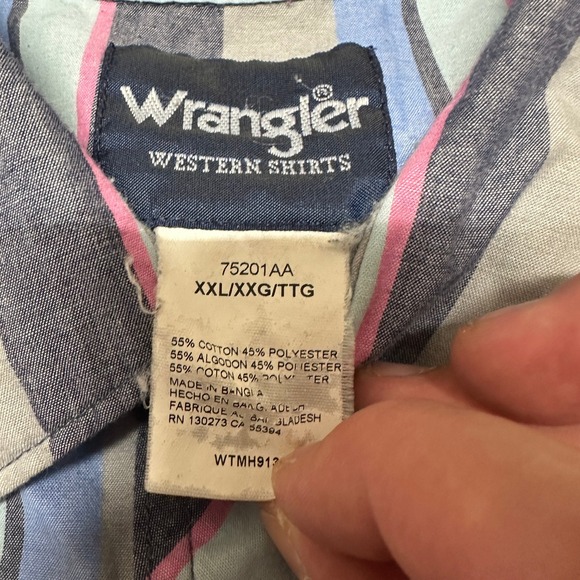 Wrangler Western Shirts XXL/XXG/TTG Blue Gray Pink Stripe Long Sleeve Pearl Snap - Picture 4 of 5